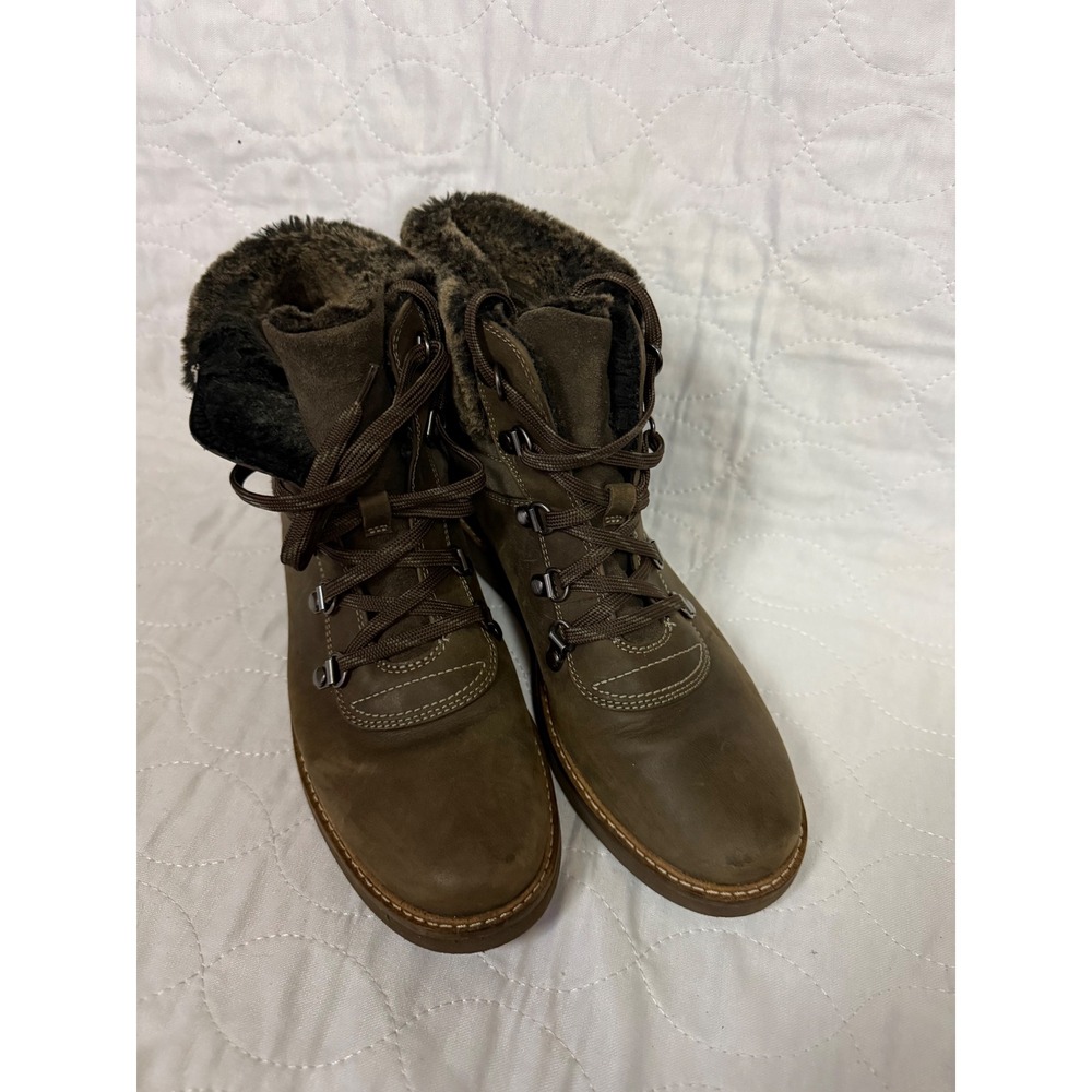 Clarks Glick Clarmont Khaki Brown Leather Faux Fur Lined Ankle Boots Womens 8.5